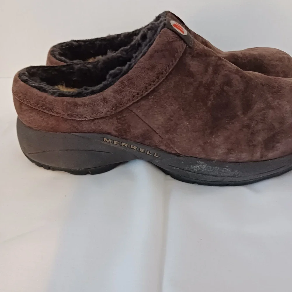 Merrell Men's 8 Brown Suede Slip-On Shoes Faux Fur Lined Round Toe Logo‎